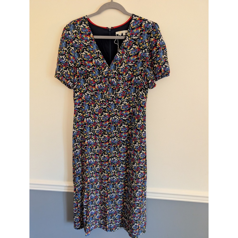 Boden Navy Blue Ditsy Floral V-Neck Midi Dress US 10L tea garden cottagecore